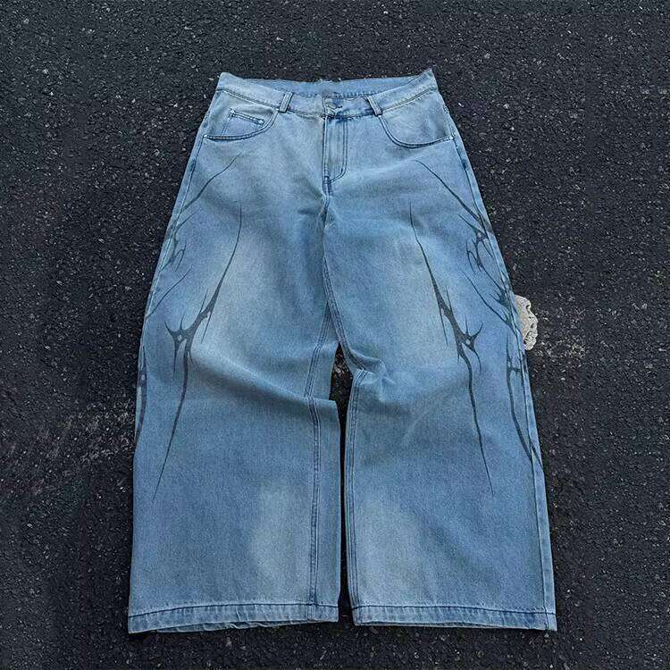 Wide-Leg Printed Denim Sweatpants Oversized Street Style Loose Track Pants Men's Jeans
