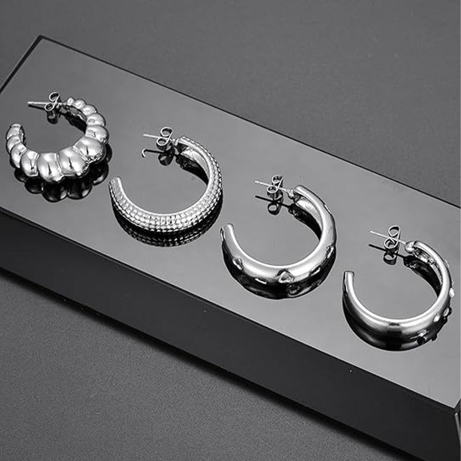 5 Pairs Chunky Hoops Earrings Thick Open Hoop Lightweight Hollow Earrings for Women Trendy Jewelry Silver Tone