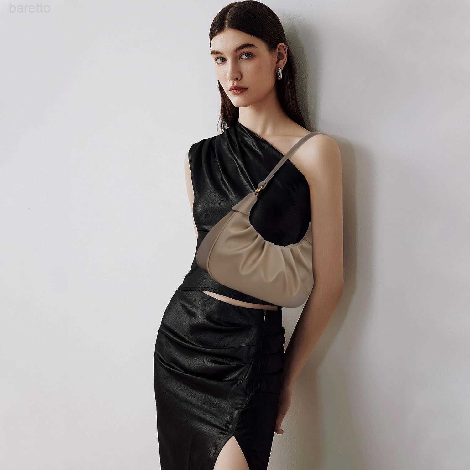 Shoulder Bag Crescent Handbag Ruched Purse Underarm Bag Mini Hobo for WomenDetachable Gold Chain Crossbody Bag M250903