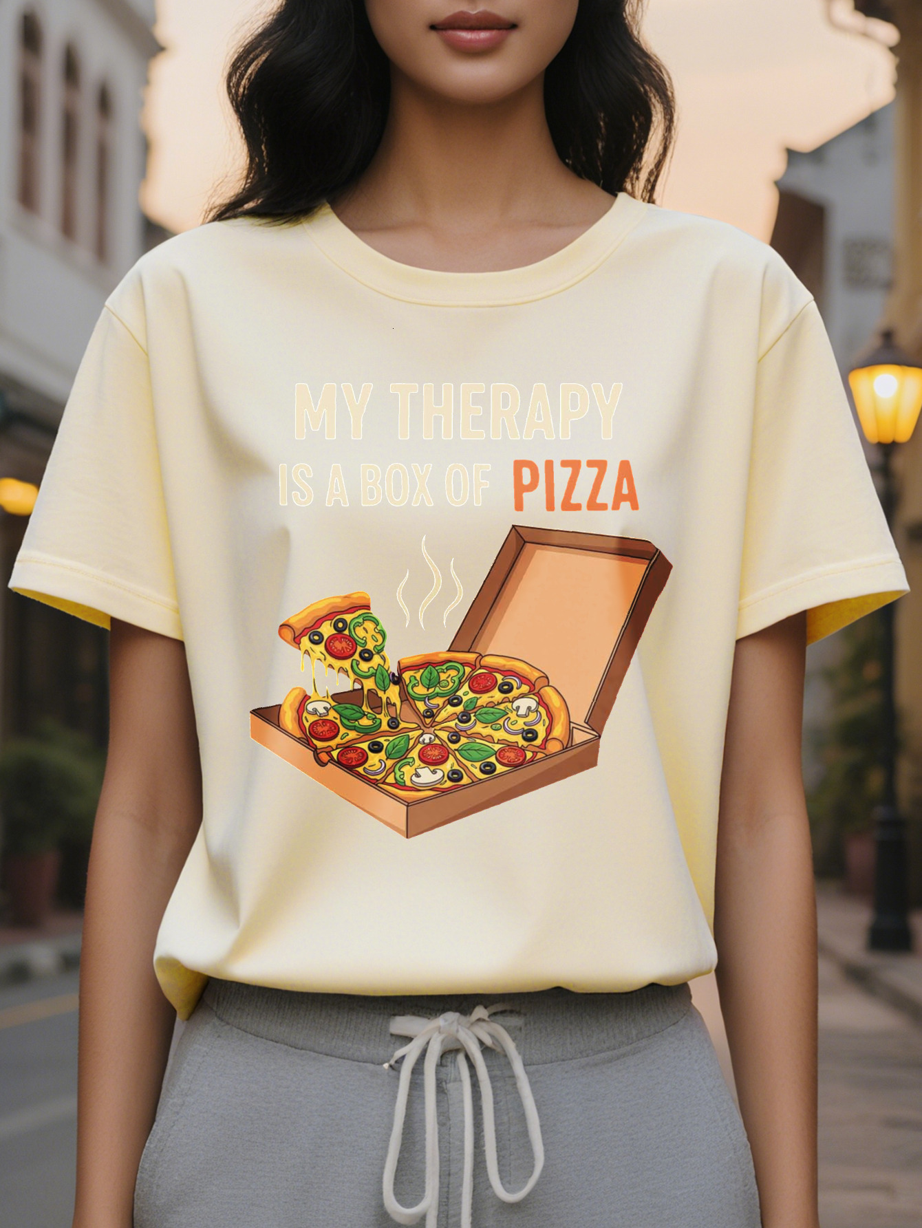 Fun Pattern Ladies My Relaxation is Box Sayings Black with Orange Letters Light Summer Casual Daily T-Shirt for Pizza