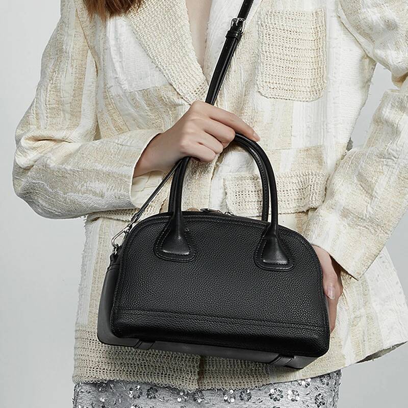 Burminsa Cowhide Genuine Leather Bowling Tote Handbags For Women 2025 Trend Designer Shell Work Ladies Shoulder Crossbody Bags