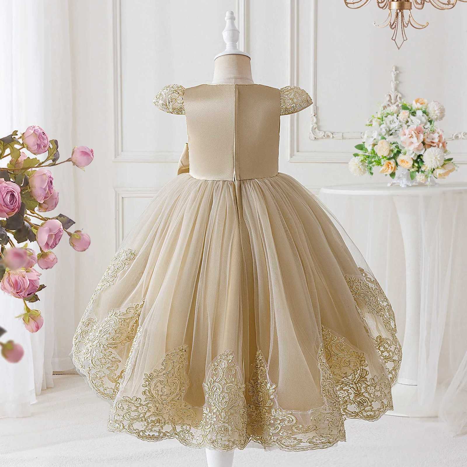 Elegant Embroidery Bow Bridesmaid Party Girls Dress with Trailing Flower Wedding Birthday Princess Dresses Girl Evening Prom Gowns Z250904