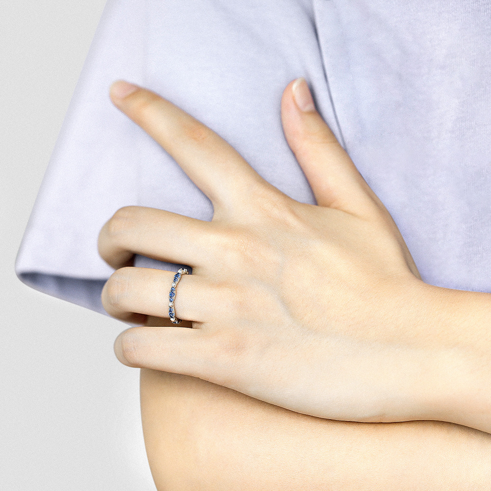 Tonglin cross-border jewelry s925 sterling silver blue zircon single-row diamond aquamarine ring female niche full diamond silver ring