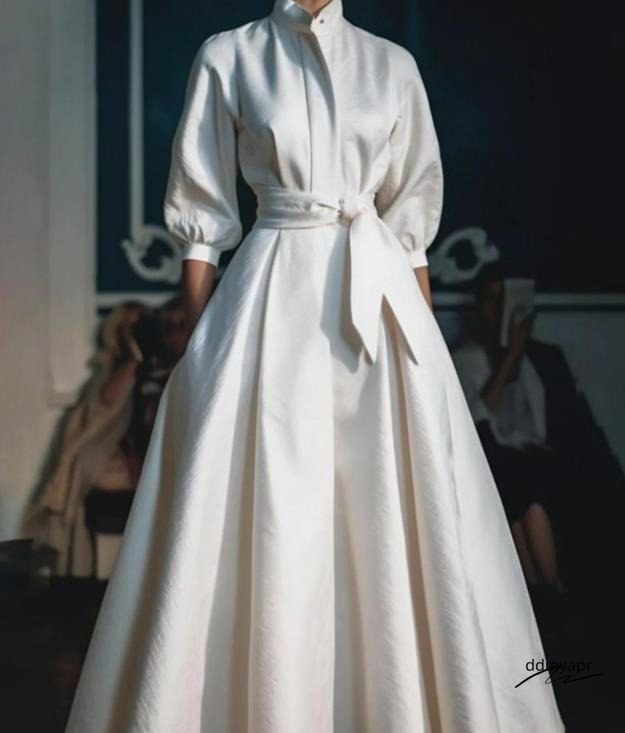 Womens Elegant Shirt Long Sleeved Stand Up Collar White Minimalist A-Line Pleated Wedding Guest Ddmyday Dress Blet 240906 Ddmyday Ddmyday Ddmyday Ddmy