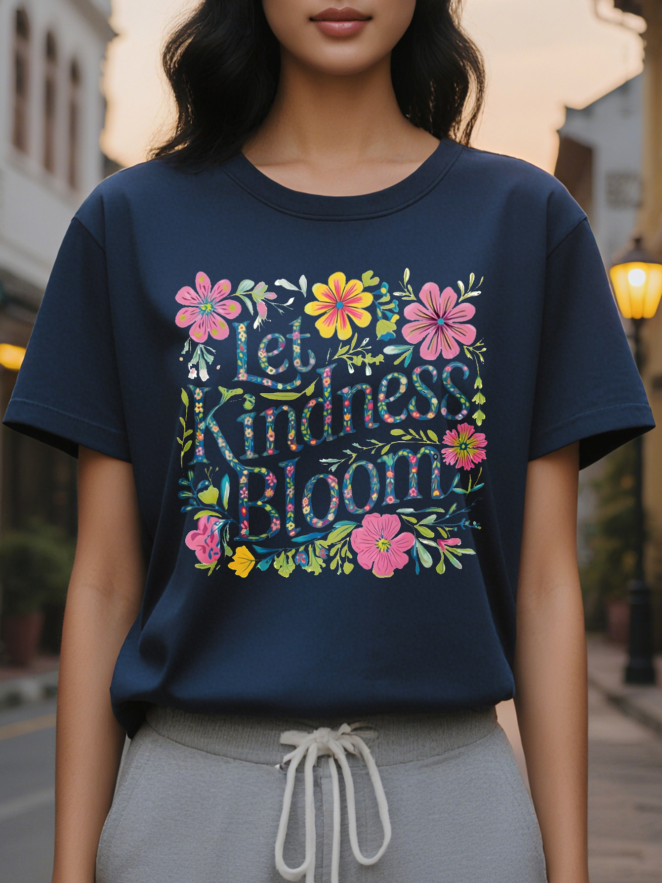 100% Cotton Women's Casual Crew Neck T-Shirt Let Kindness Bloom Print Regular Length All Season Fashion Top