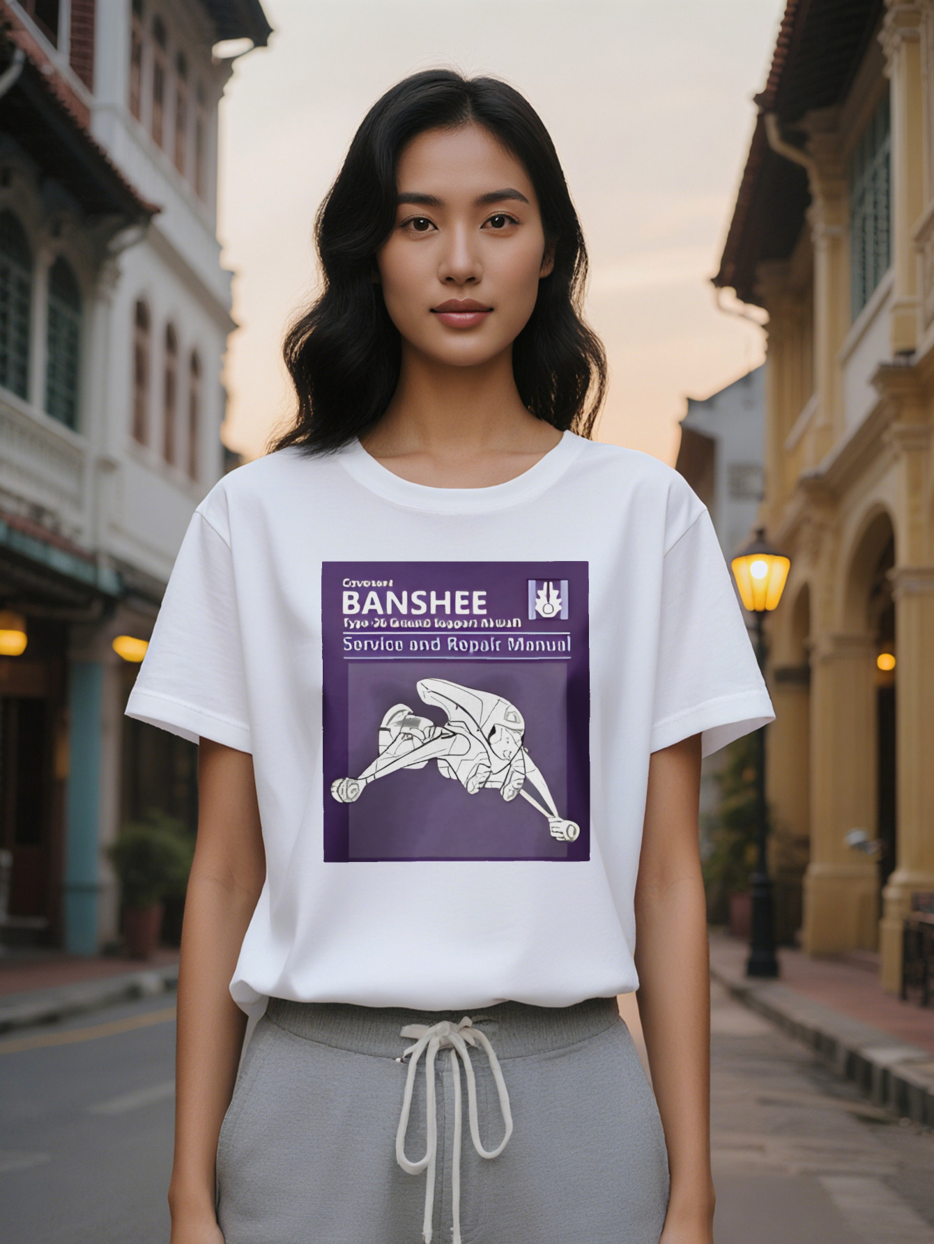 Large XL Women's T-Shirt BANSHEE Repair Service Print Deep Purple Background Washable Tee Regular Fit Gift for Women Plus Size