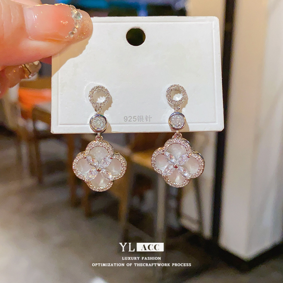 Gold Tone Four-Leaf Clover Drop Earrings With Cat Eye Stone & Crystal Detail Luxury Elegant Style Daily & Special Occasion Wear Gift For Her Fine Jewe