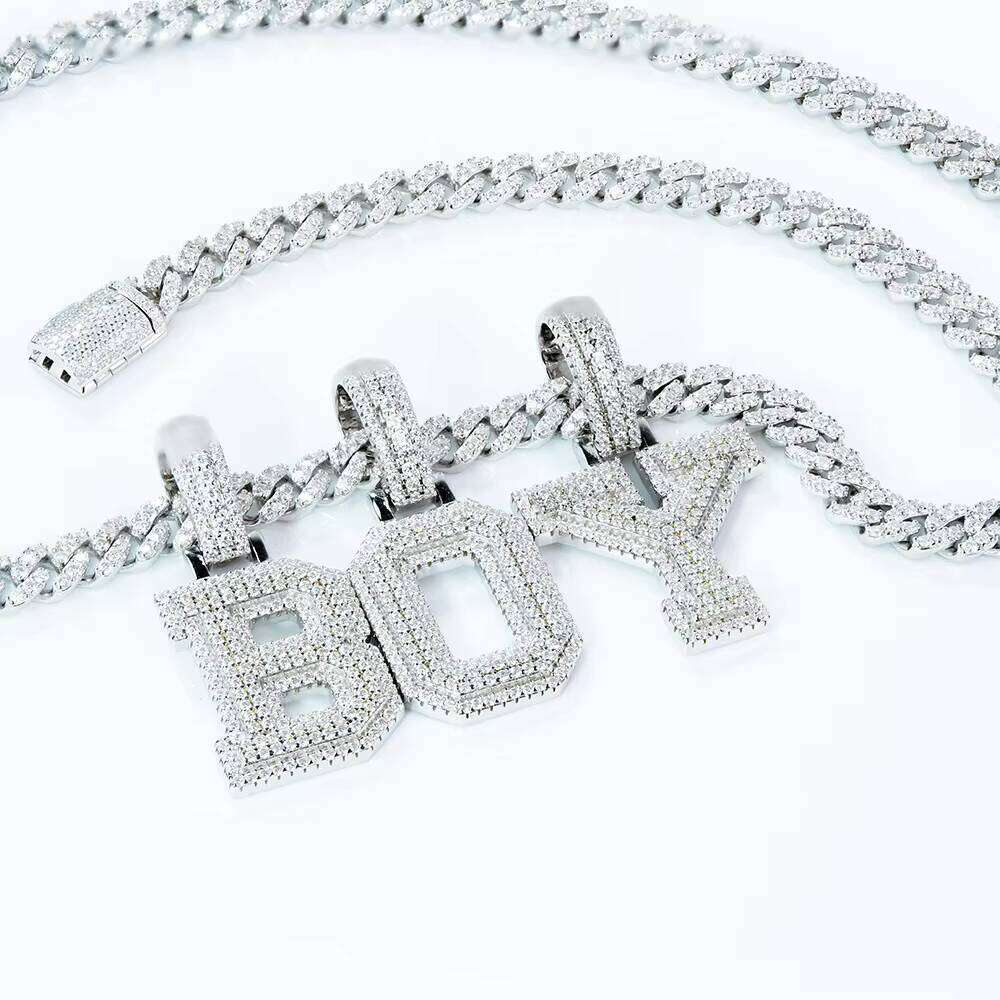 Hip-Hop Sier Name Initial Design Silicon Stone Pendant Iced VVS French Long Stick Necklace