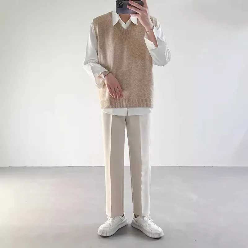 Spring Autumn Winter Koreanstyle Loose Base Knitted Sweater Sleeveless Vest Mens Inner Layer Top Pullover Vneck Sweater VestXJ250904