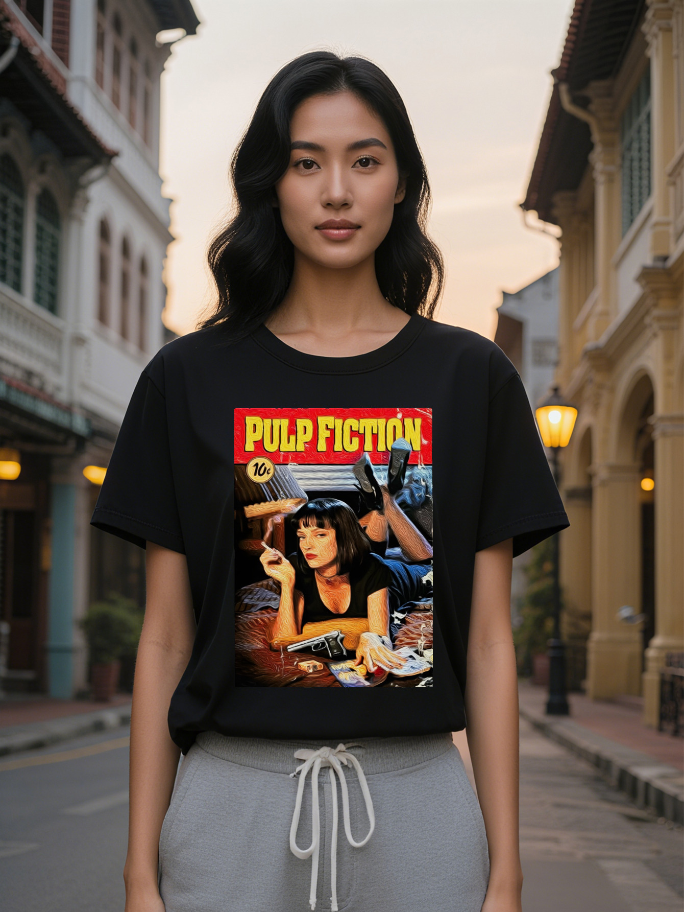 Large XL Graphic T-Shirt Pulp Fiction Art Print with Bold Yellow Text Red Background Black Round Neck Summer Tee Featuring Female Plus Size