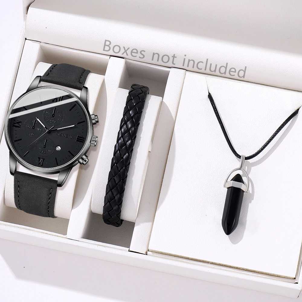 3PCS Black Mens Watch Set Business Trend Quartz Watch Bracelet Necklace Set Suitable for Daily Clothing Matching Perfect Gift X250904