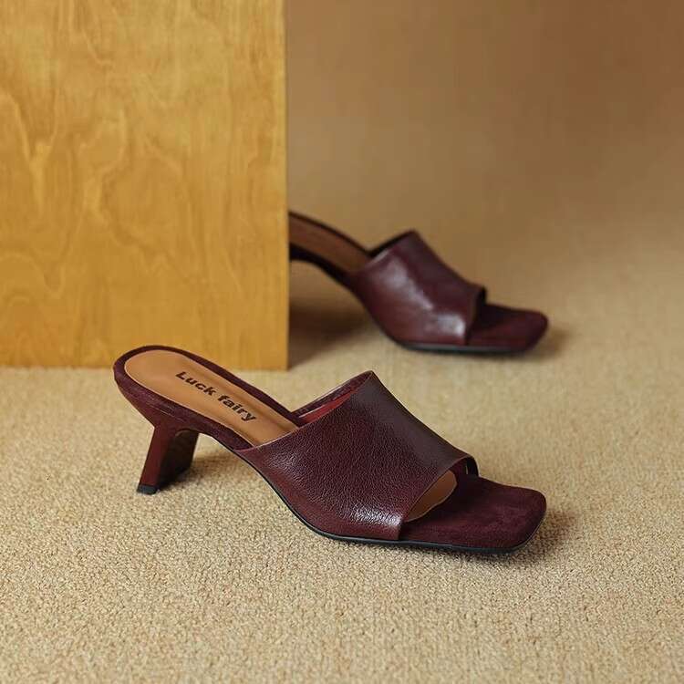 Soft Sheepskin One-Strap Slippers Designer Shoe for Women, Summer New Genuine Leather Squ Toe Open-Toe Sandals with Thin High Heels