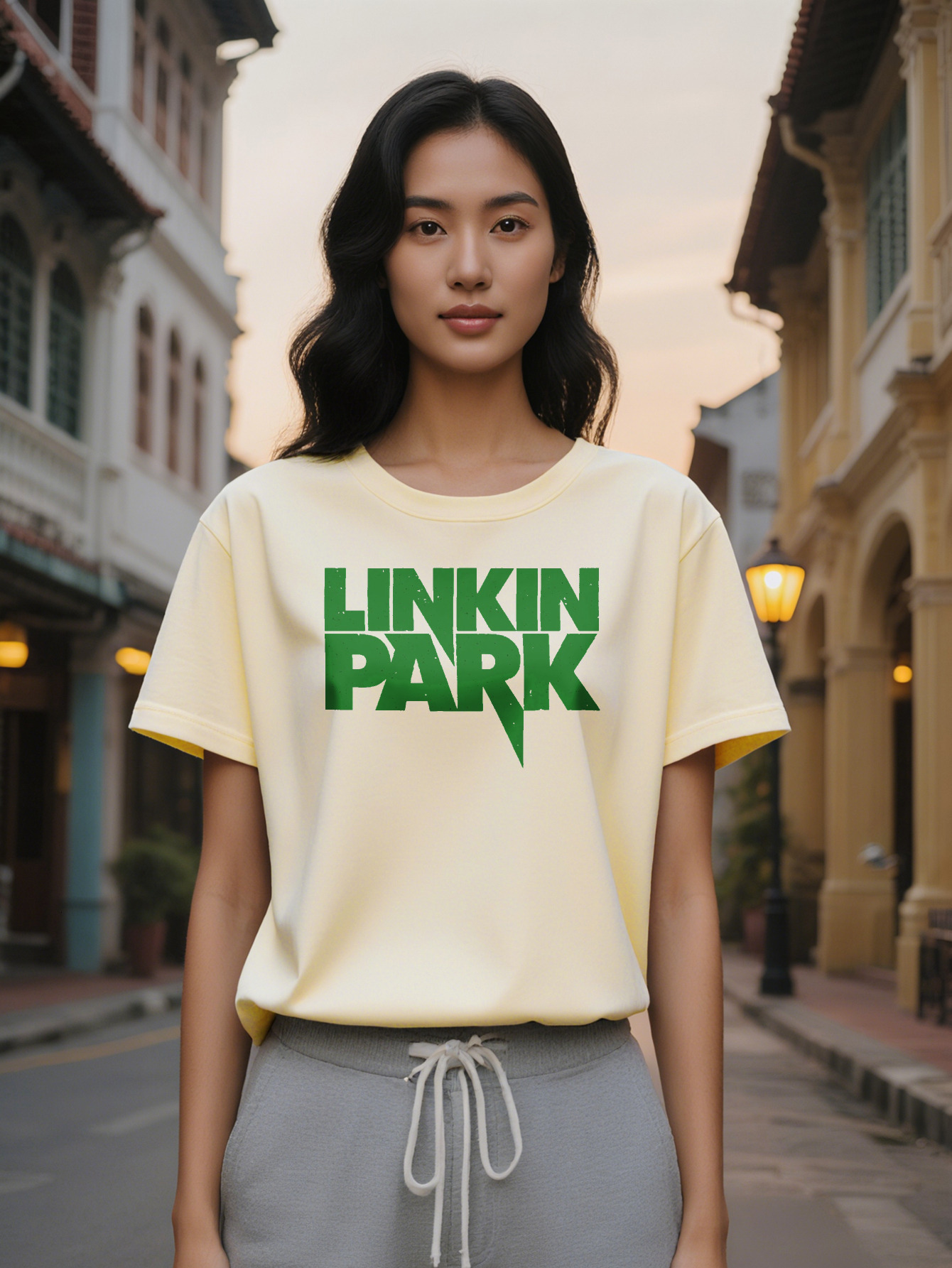 Large XL Casual Versatile Crew Neck T-Shirt with Green Rectangular Linkin Park Print Black Short Sleeve Top Perfect Gift for Plus Size