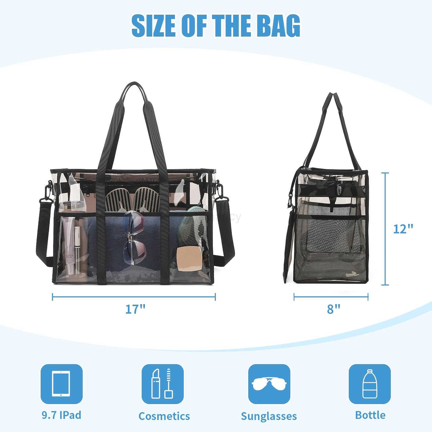 Womens Clear Beach Bag with Detachable Phone Pouch Foldable Waterproof Clear Tote Bags for Beach Pool StadiumW250904