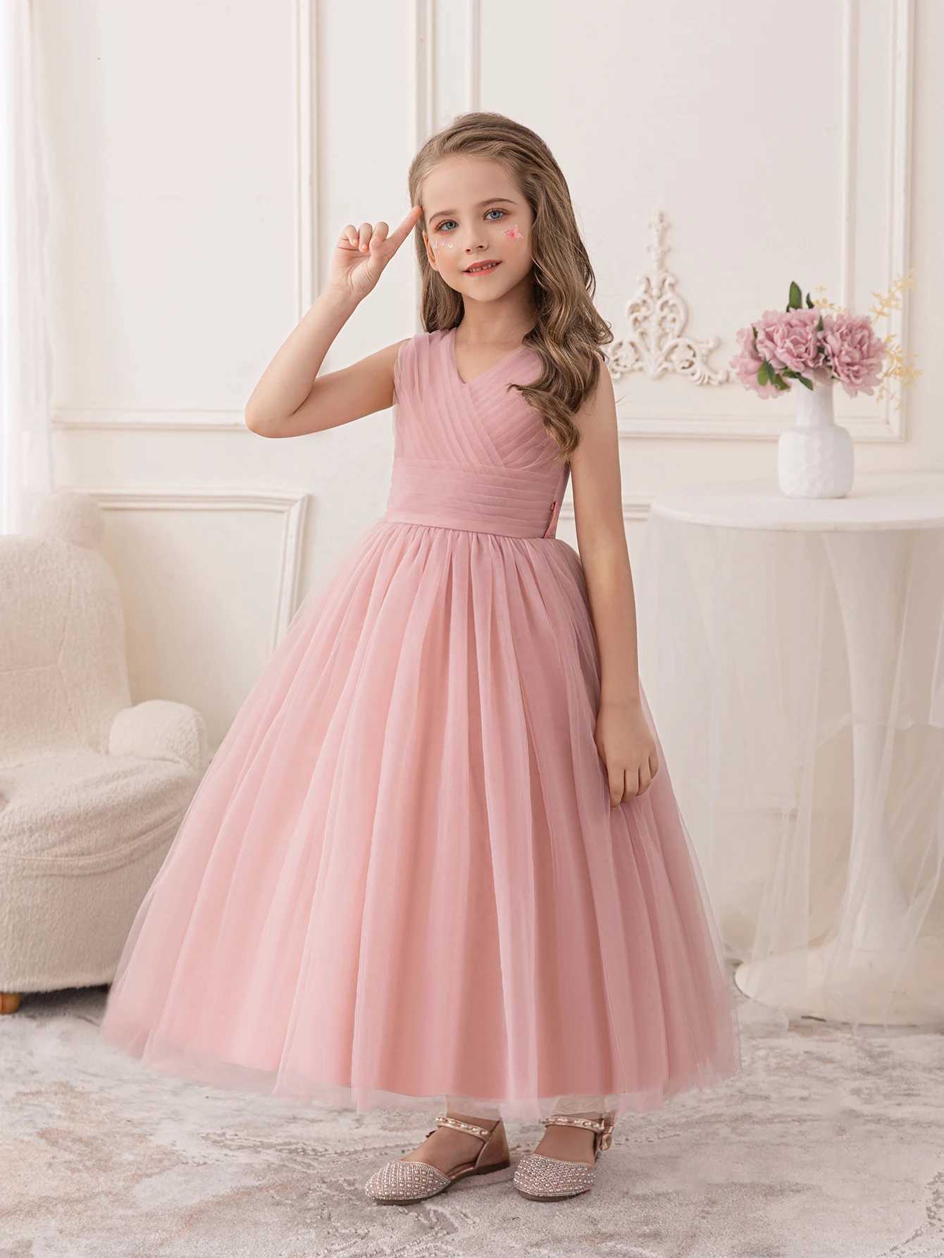 Pink Long Skirt Dress for Girls Birthday Party Wedding Flower Girl Puffy Gauze Skirt Z250904