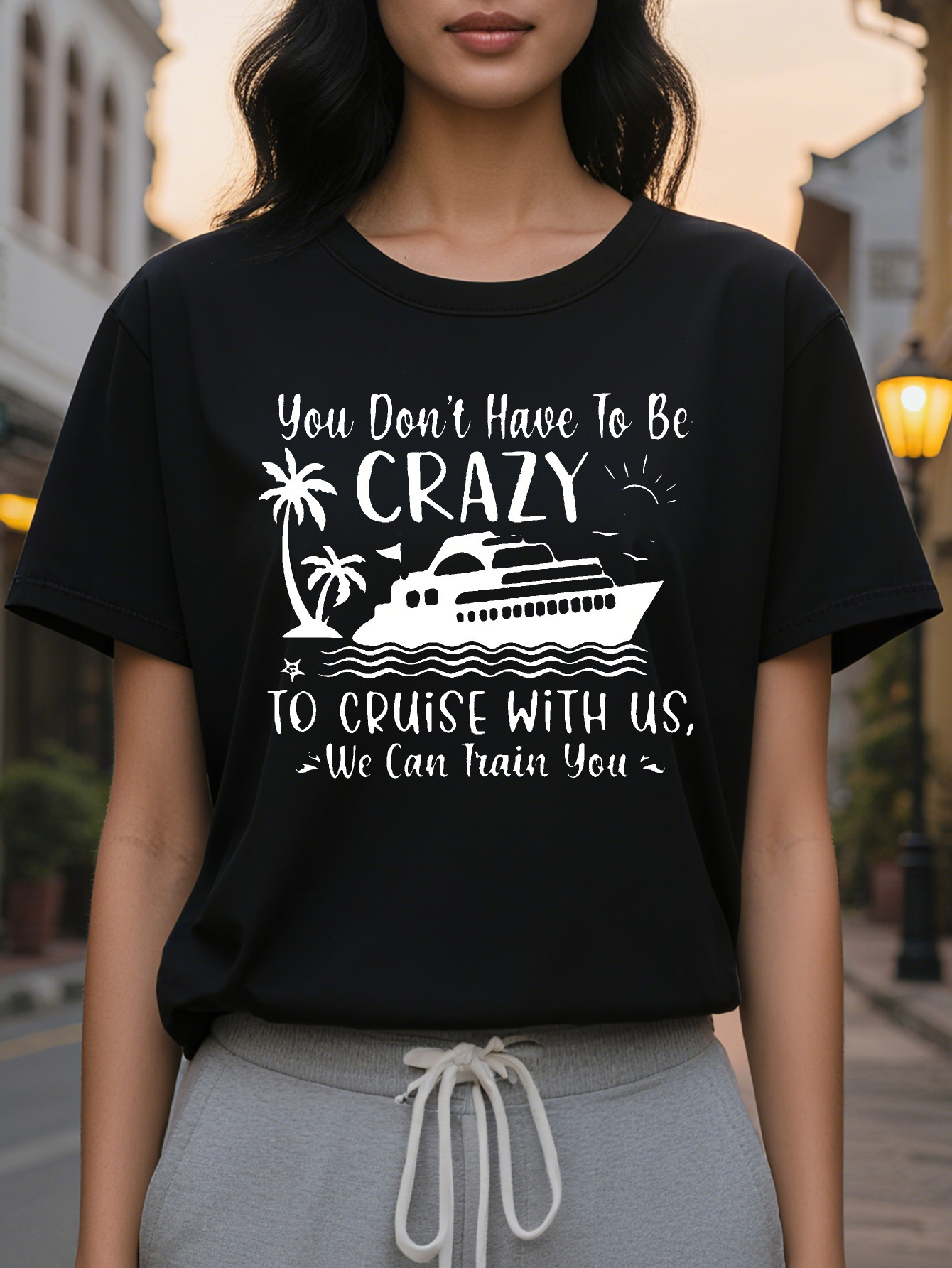 Women's casual round neck T-shirt with letter and boat print, soft cotton, washable