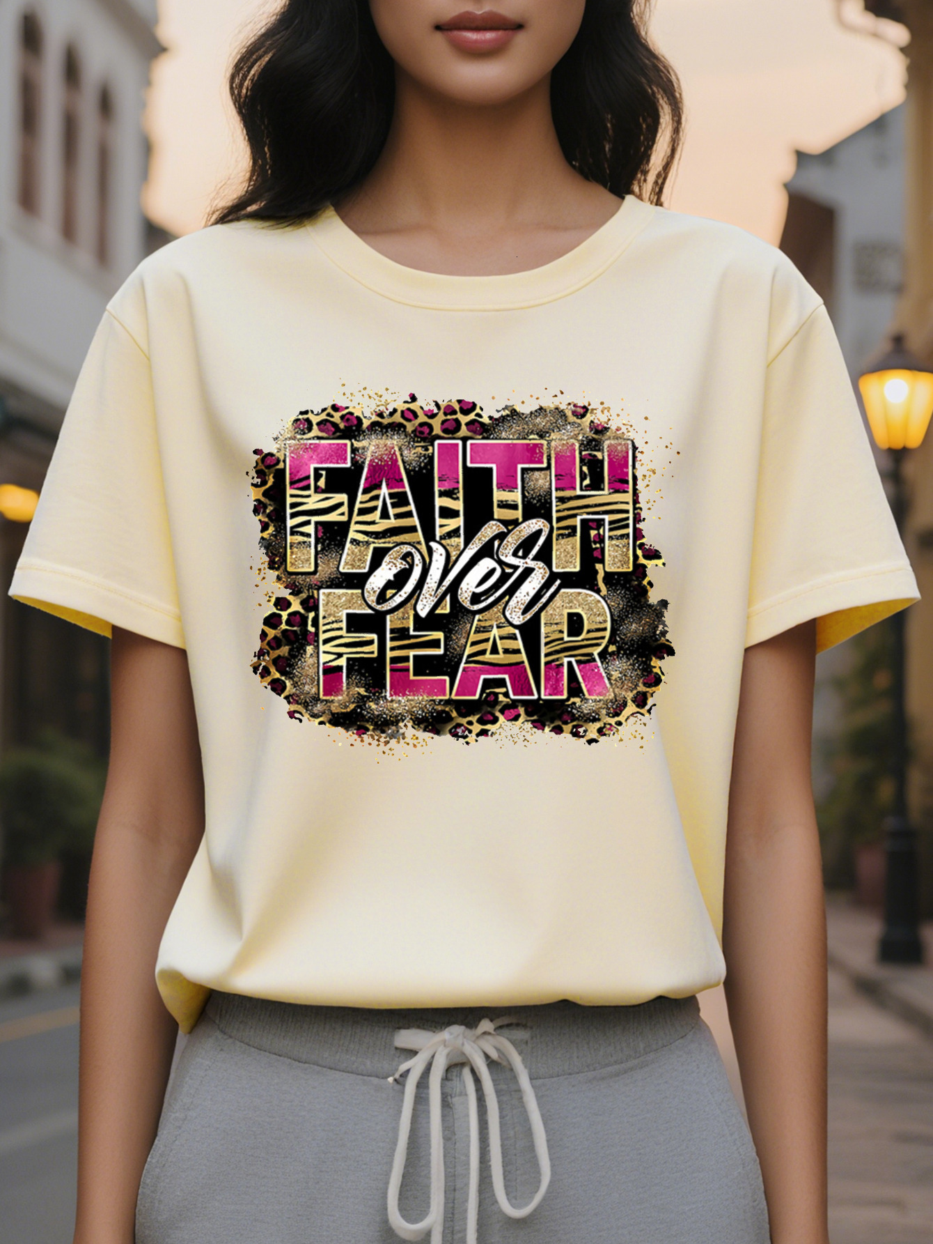 Large XL Vibrant Letter Print Crew Neck T-Shirt Soft Breathable Casual Short Sleeve Top Spring Summer Women's Comfortable Plus Size