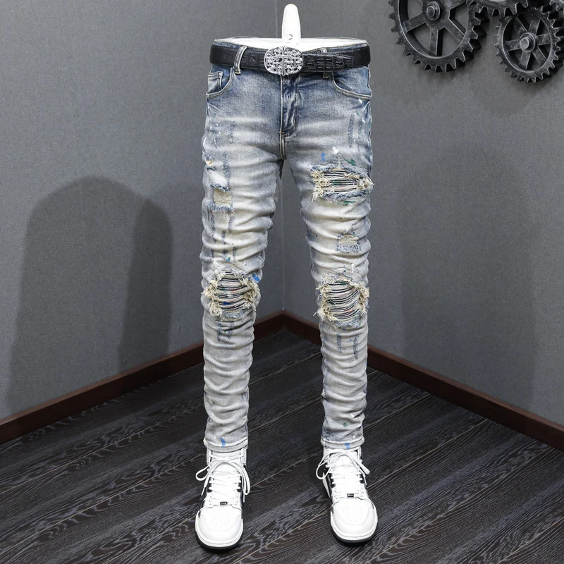 Y2KStreet fashion mens light blue jeans paint washed nostalgic perforated patch hiphop pants hombre 250823Z