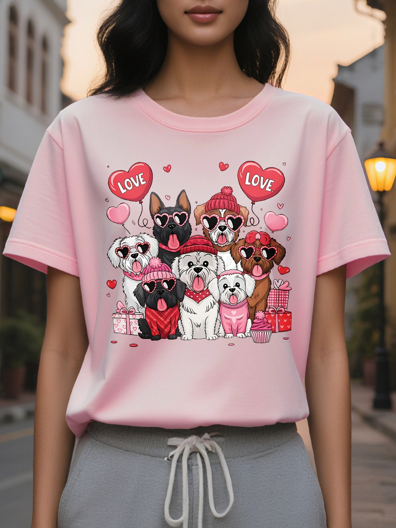 Love Puppy Graphic Print T-shirt Casual Short Sleeve Crew Neck Top for Spring Summer Women's Clothing