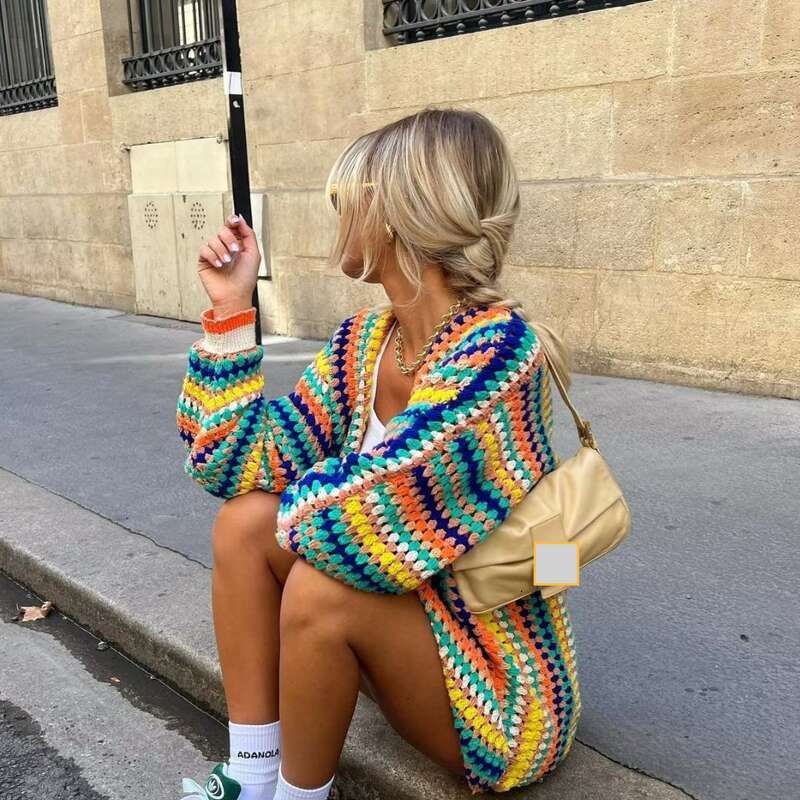 Women's Clothing 2024 Autumn Ethnic Style Contrast Color Hook Flower Colorful Striped Knitted Loose Cardigan Sweater 8Ls2768