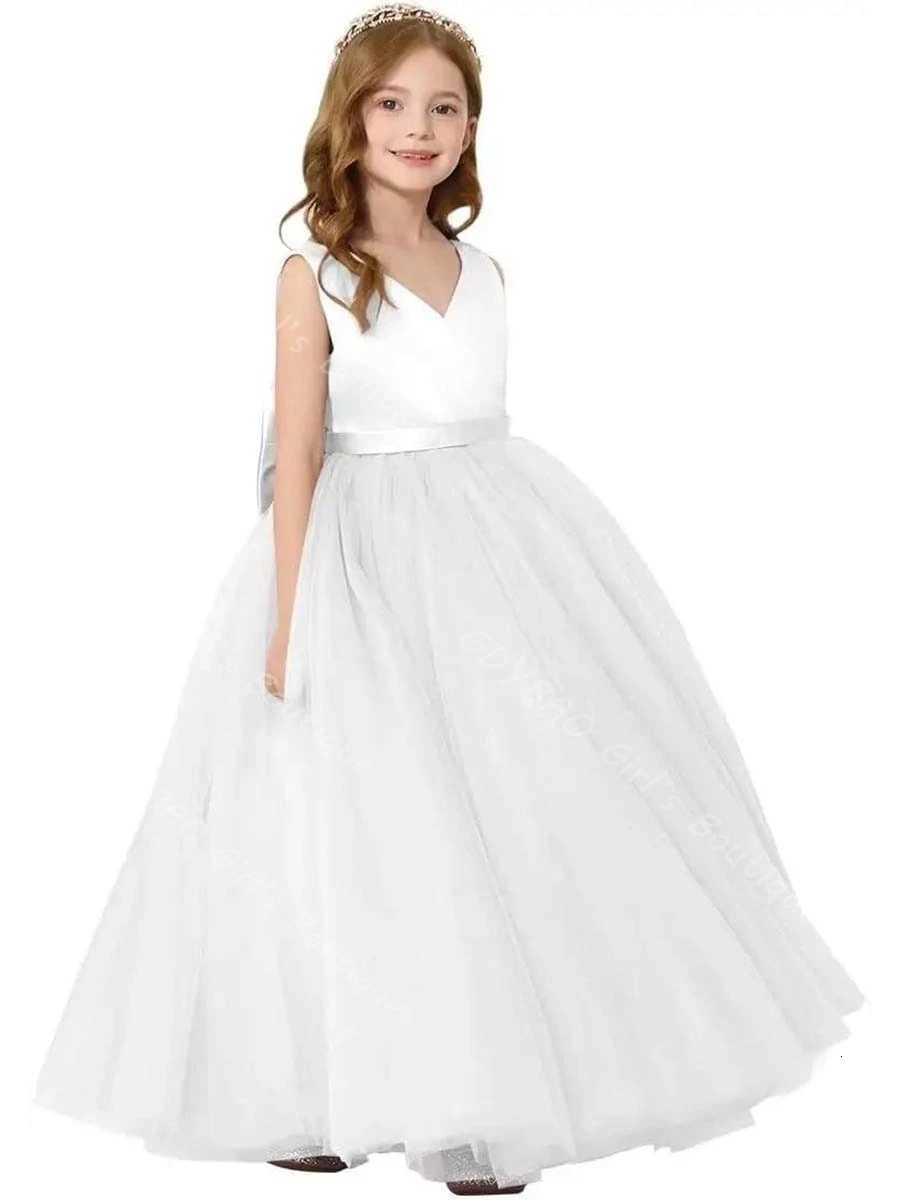 Ankle Length Flower Girl Dress for Wedding Toddlers Double V Neck Communion Dress With Bow 2-14 Kids Custom Birthday Ball Gown Z250904