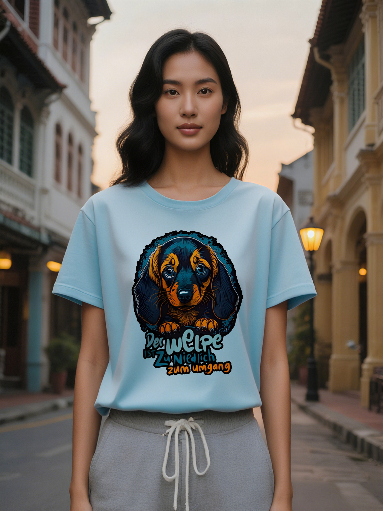 Large XL Graphic T-Shirt with Cartoon Dog Print Black Round Neck Summer Tee Dachshund Design German Text High Washable Plus Size