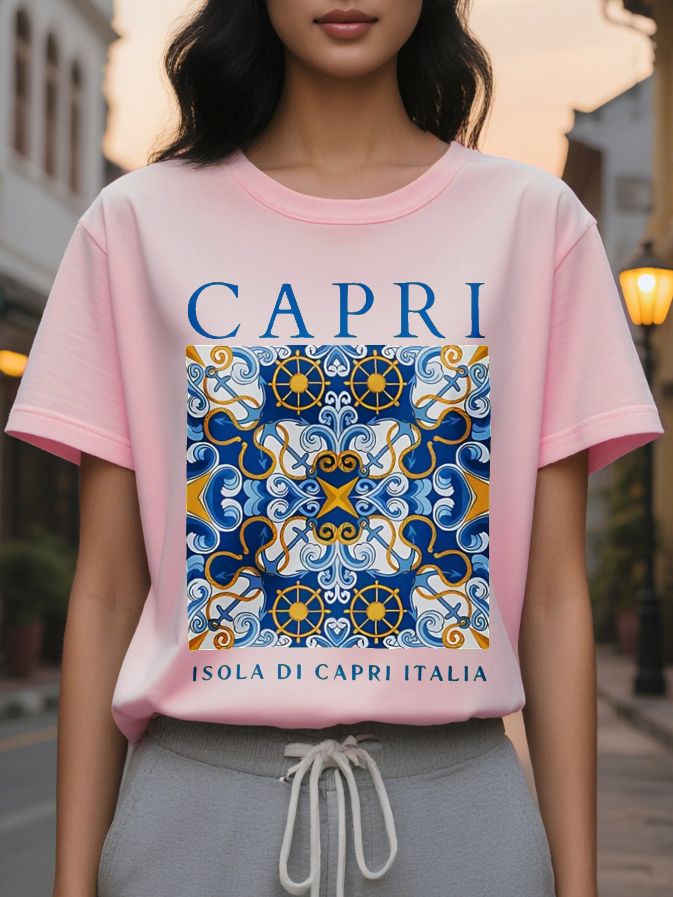 CAPRI American Style Trendy Printed Round Neck Short Sleeve T-Shirt Women's Spring and Summer New Slim Fit Slimming