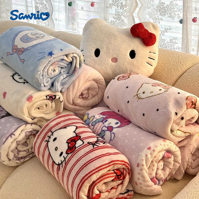 Sanrio Hello Kitty Double Sided Milk Velvet Blanket My Melody Kuromi Cinamonroll Sofa Air Conditioning Blanket Quilt Bed Sheets L250904