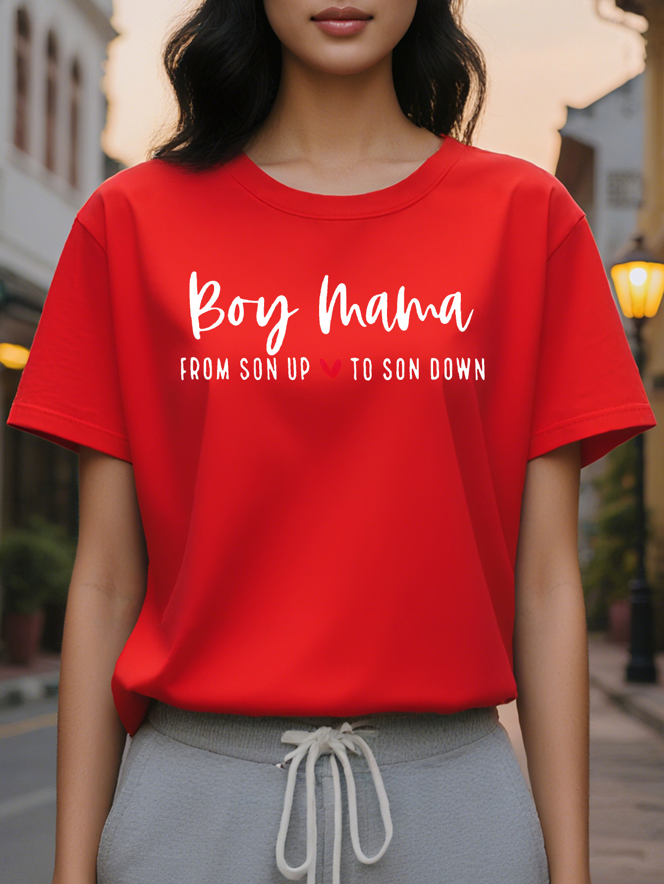 Mama Pattern Short Sleeve T Shirt Women's Casual Crewneck Top with Black White Print for Summer and Spring