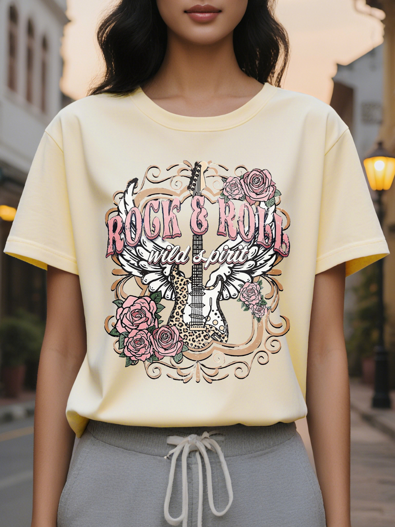 Large XL Rock Roll Print T-Shirt Casual Crew Neck Short Sleeve Top for Spring Summer Women's Clothing Plus Size