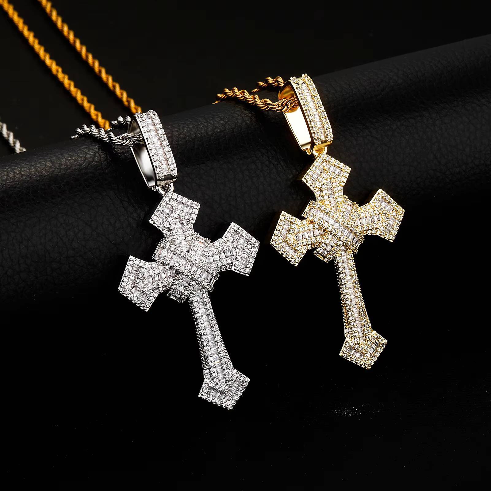 Wholesale Hip Hop Oxide Hao Stone Rhinestone Cross Ice Crystal Necklace