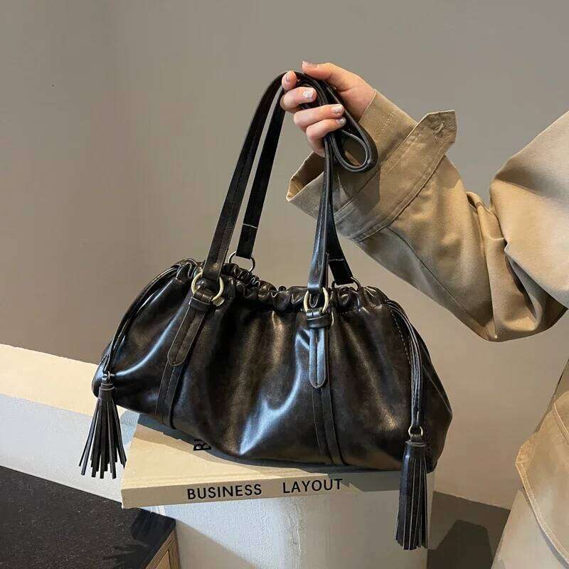 Vintage Womens Retro Tote Large Capacity PU Leather Boston Ruched Buckle Closure Hobo Bag Solid Color for Outdoor Travelluxury bag tote bag
