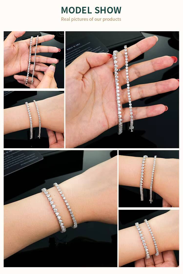 3mm Moissanite Heart Tennis Bracelet 925 Sterling Silver Tennis Chain Iced Out Hip Hop Style 925 Silver with GRA Certificate