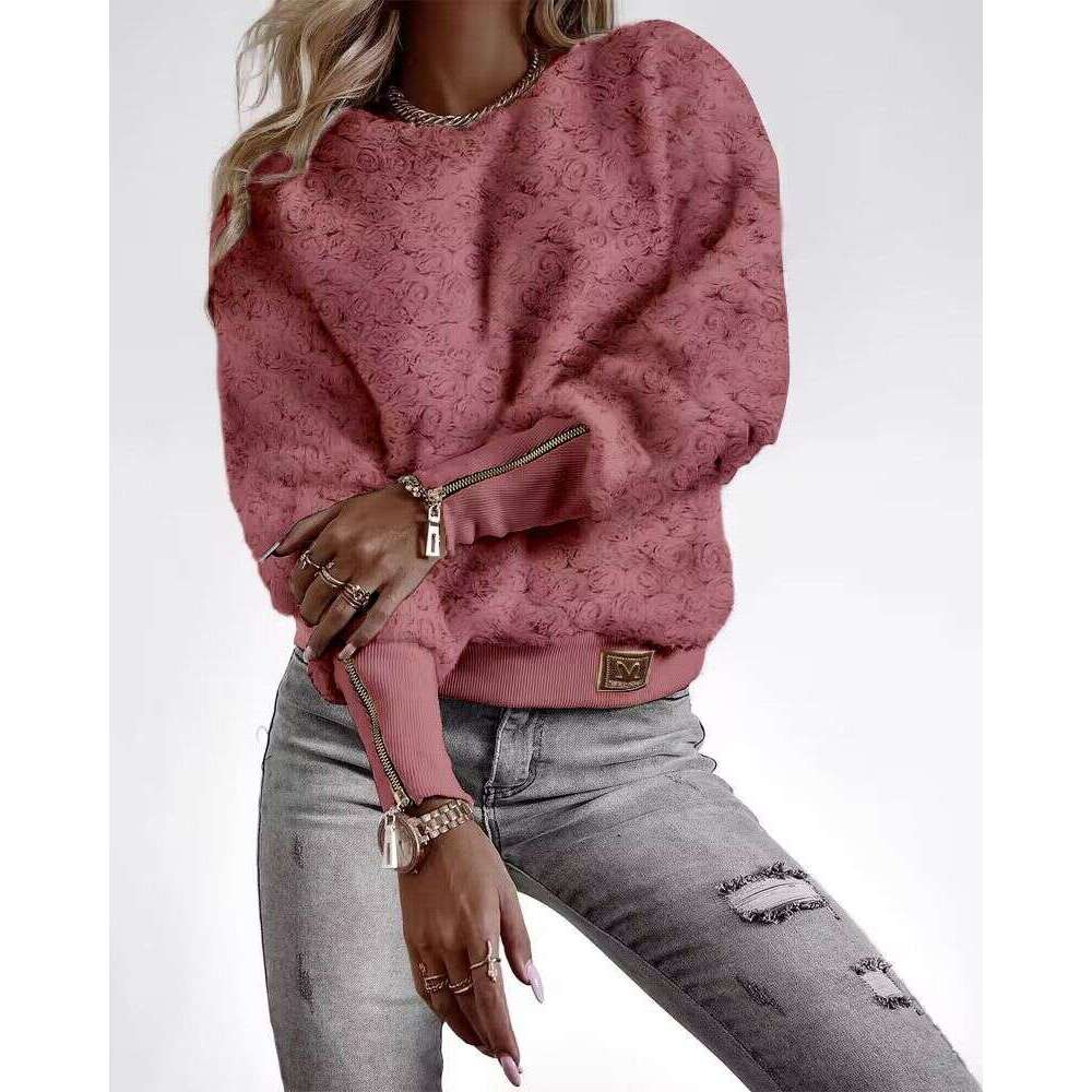 Women's Clothing Ready Made Fashionable New Textured Zipper Ribbed Splicing Casual Tops