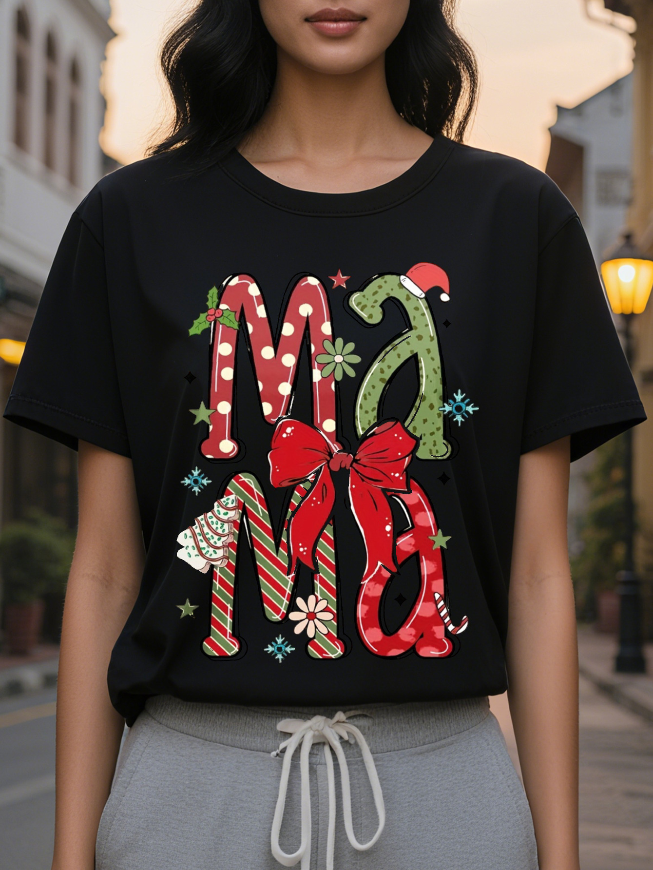 Large XL Cotton Knit All Season Women's Christmas Festive Print Casual Round Neck T-Shirt Regular Length Plus Size