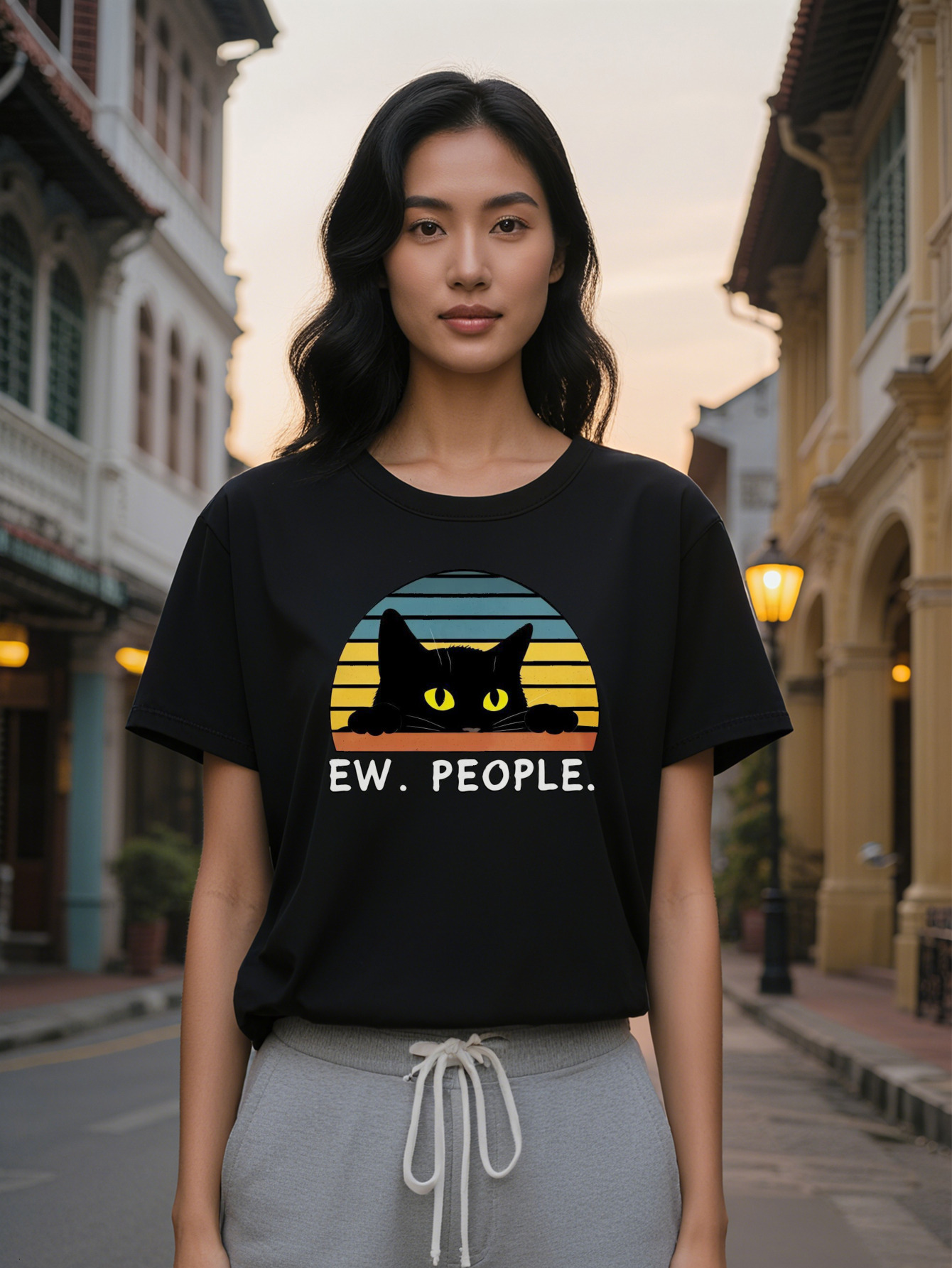 Large XL Women's Casual Crew Neck T-Shirt Black Slight Stretch Vintage Anime Cat Graphic Print Summer Short Sleeve Tee with Plus Size