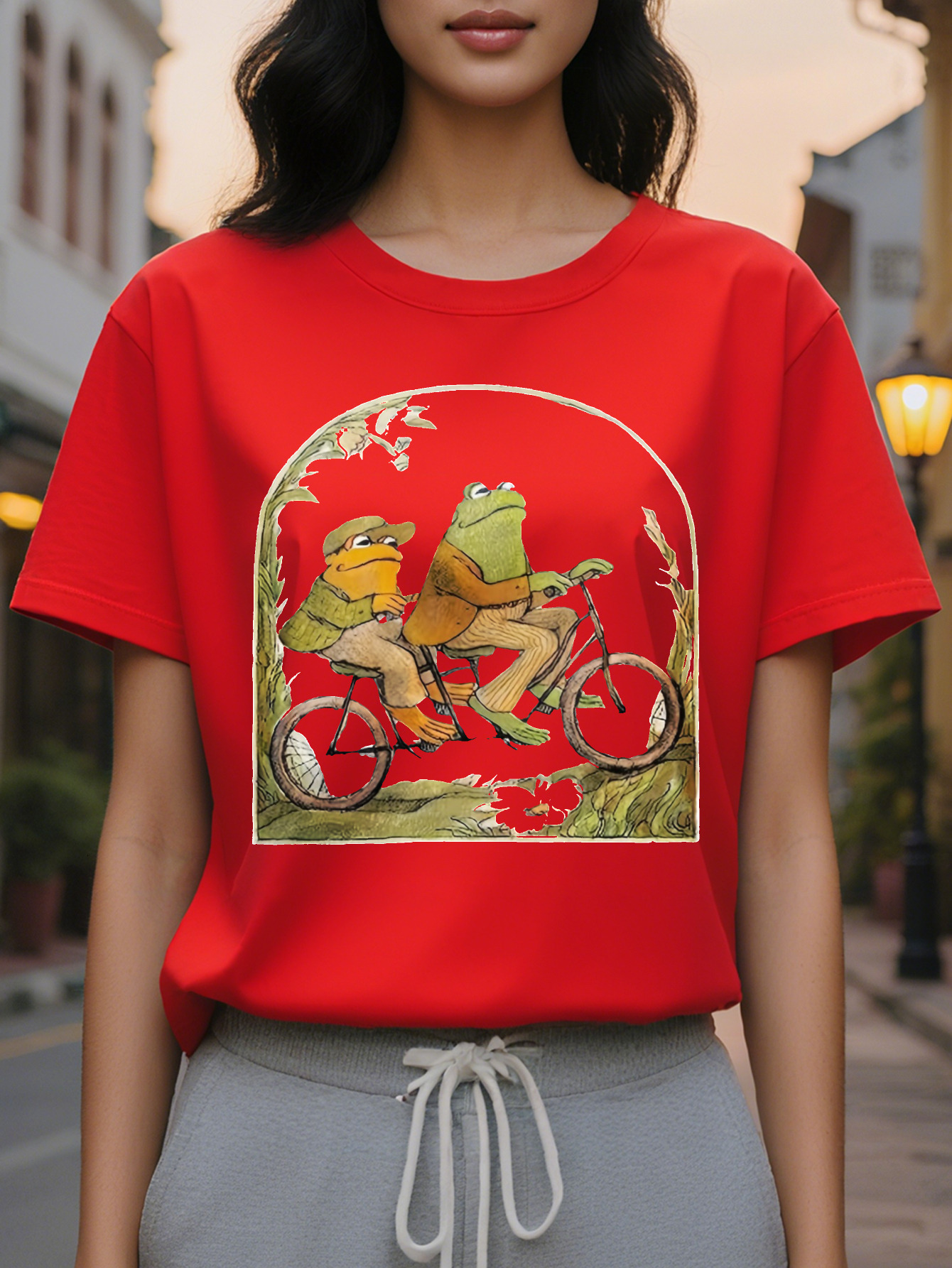 Cartoon Frog Print Crew Neck T-Shirt Casual Short Sleeve Top for Spring Summer Women's Clothing