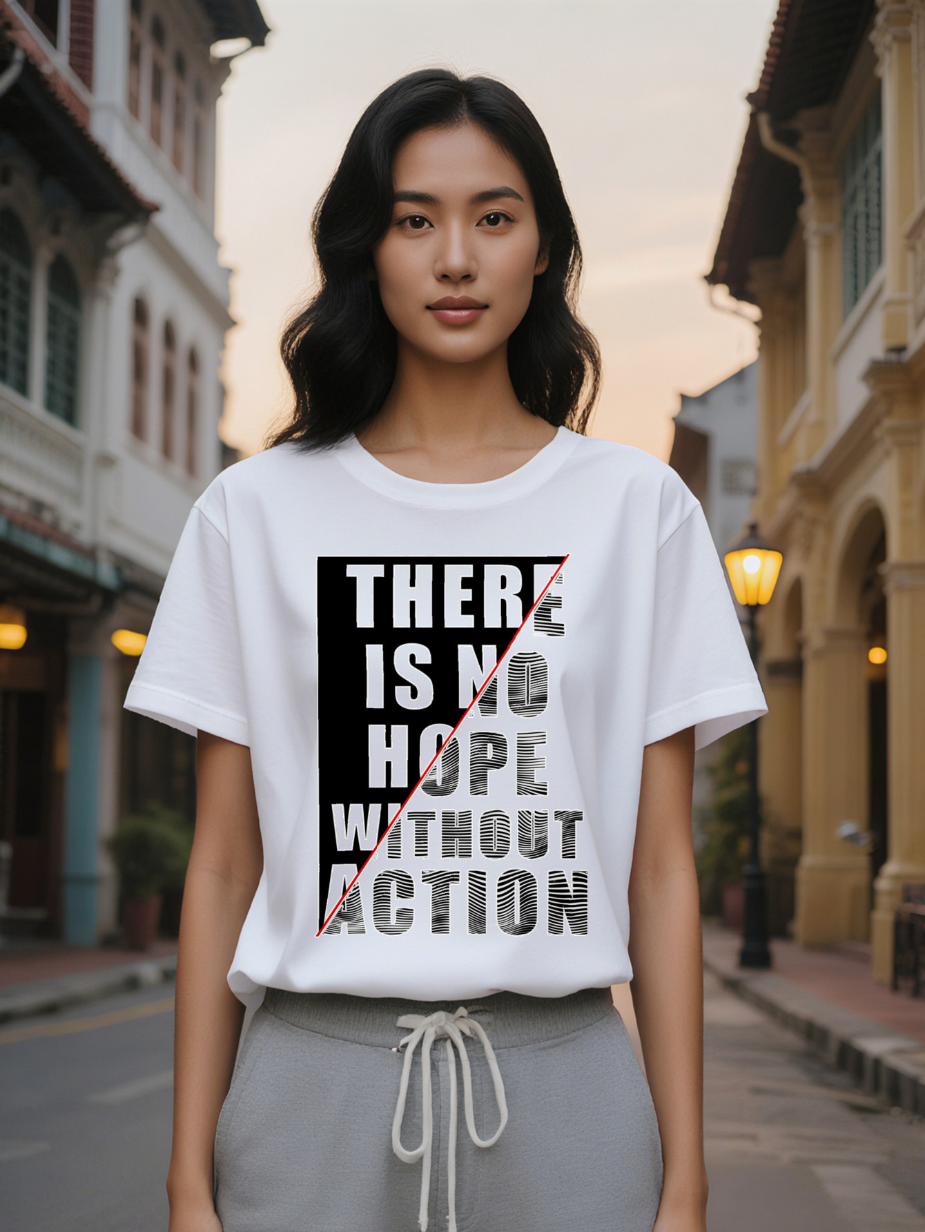 Large XL Casual Graphic T-Shirt with No Hope Without Action Motivational Print Black White Bold Lettering Round Neck Regular Plus Size