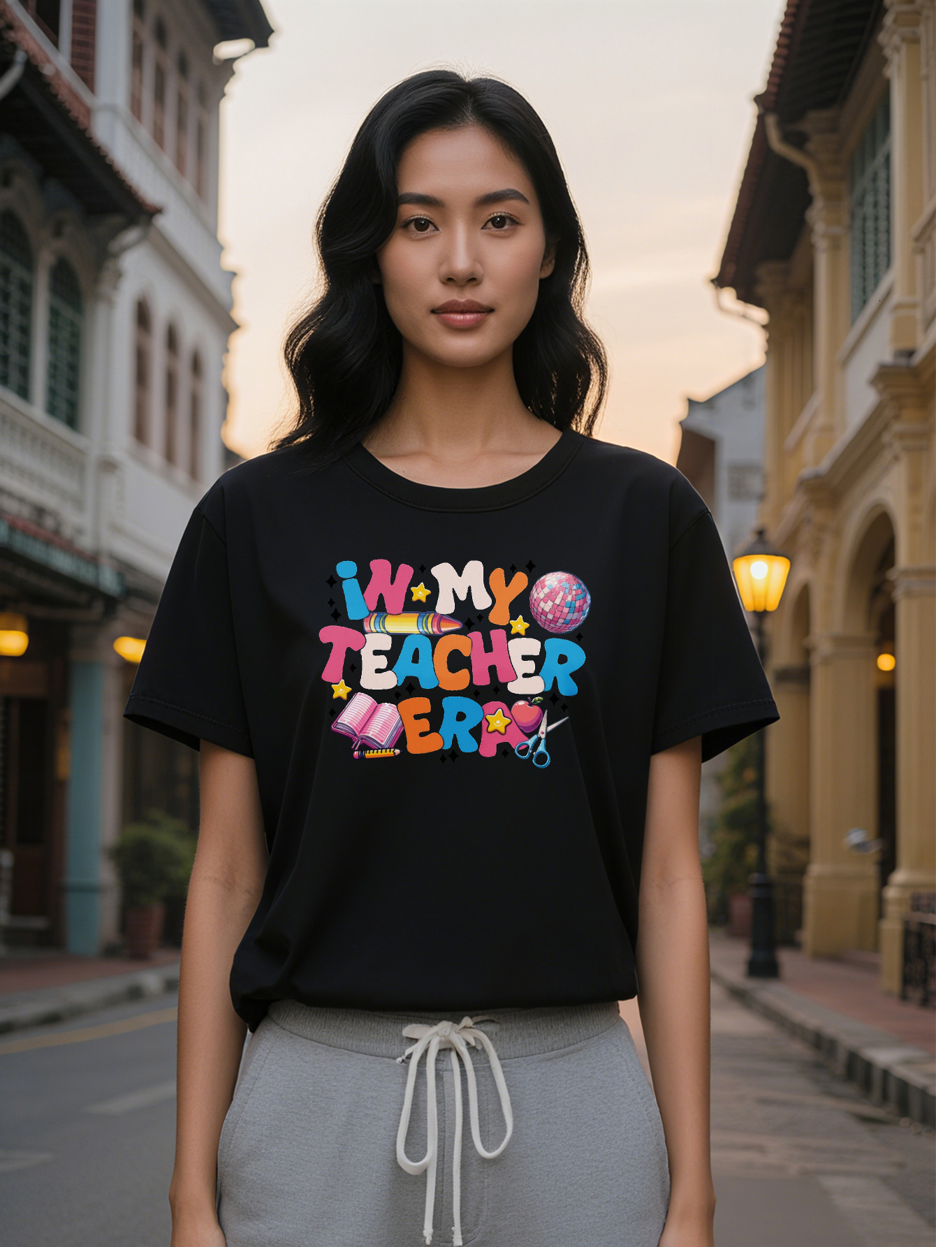 2024 Casual Crew Neck T-Shirt with Colorful MY TEACHER Letter Star Print Lightweight Summer Tee Perfect Gift for Women