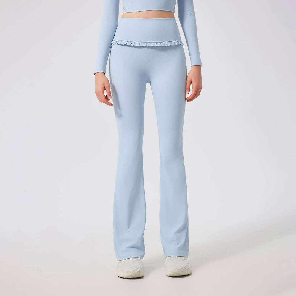 2Pcs Yoga Set Women Lotus Gym Fiess Padded Long Sleeve Sports Crop Top High Waist Flared Leggings With Ruffles Workout Clothes