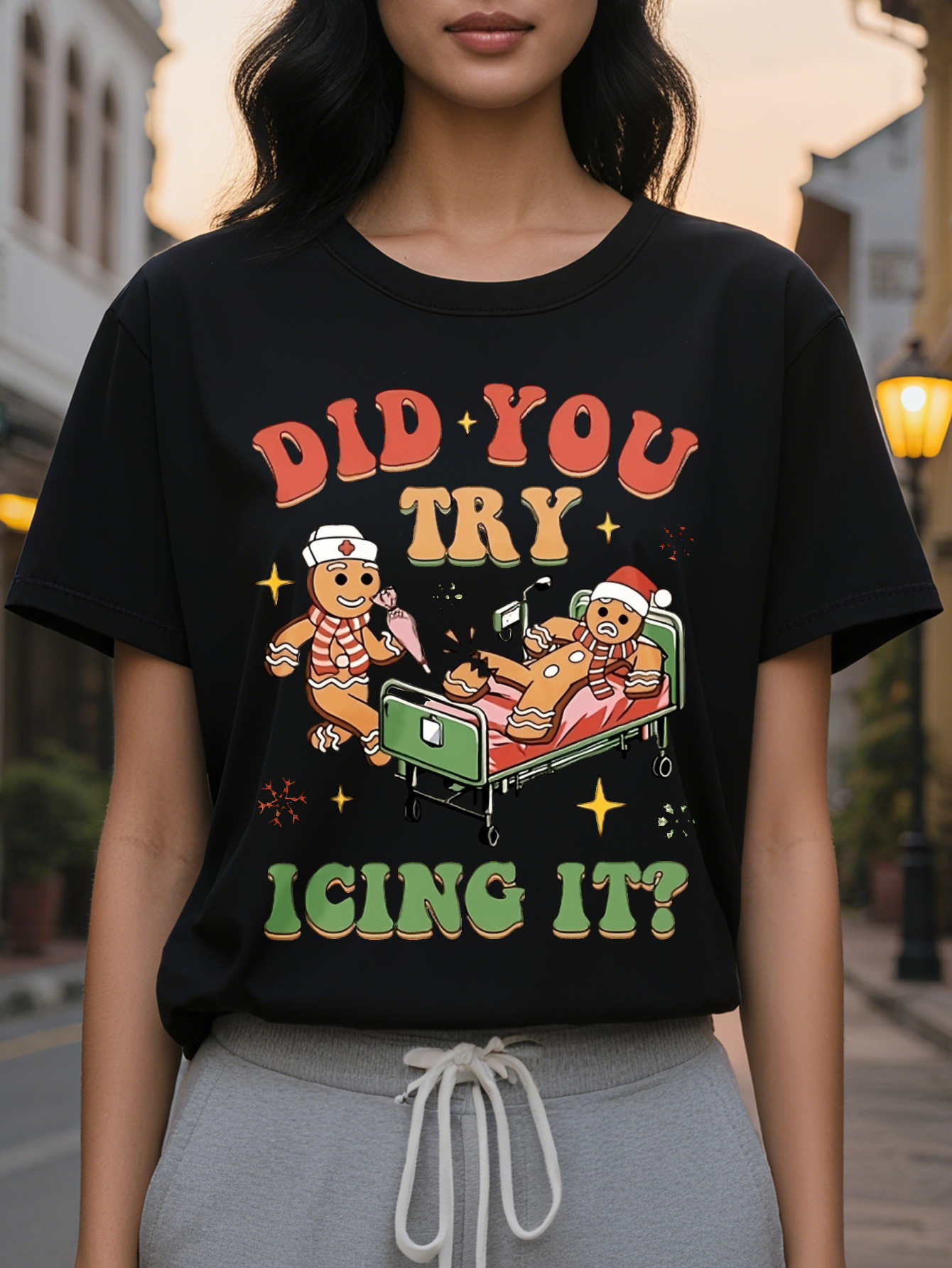 Women S Cozy Crew Neck Sweatshirt with Festive Gingerbread Santa Graphic Soft Cotton Holiday Themed Design