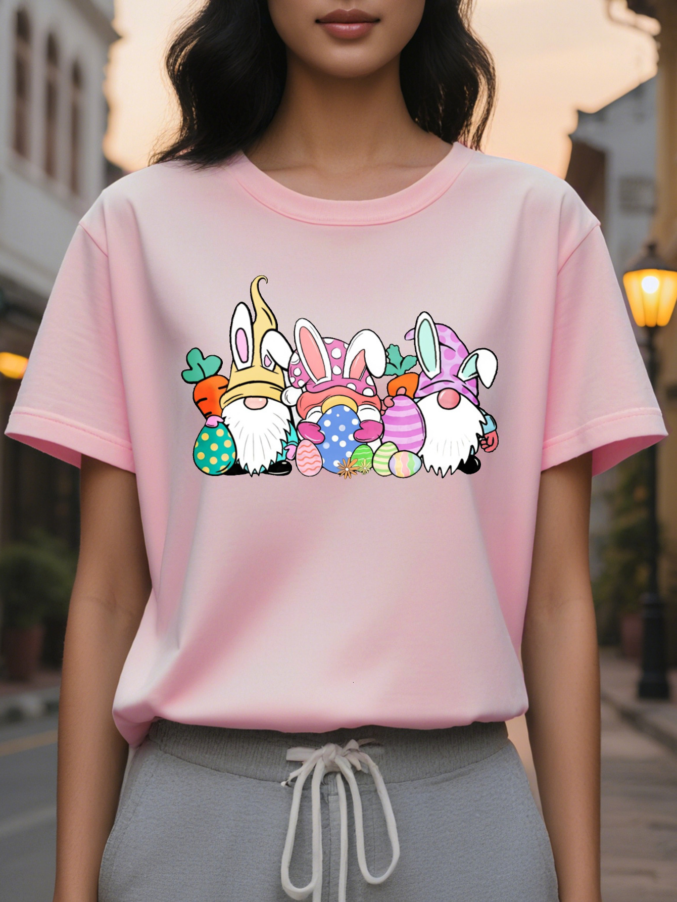 Large XL Women S Easter Bunny Eggs Graphic Tee Casual Crew Neck Cotton T-Shirt Soft Comfortable Knit Fabric Geometric Plus Size