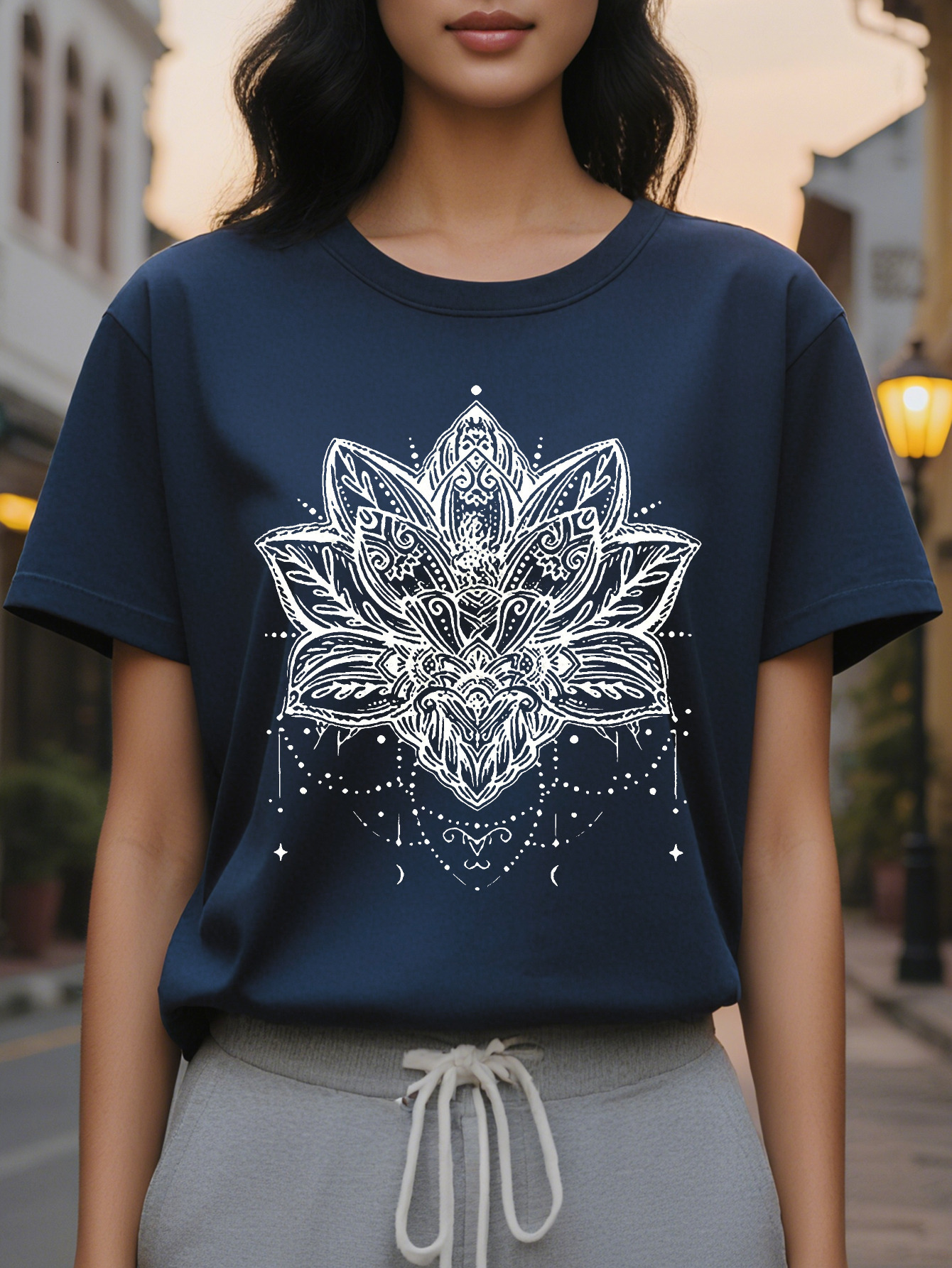 Large XL Lotus Print Crew Neck T-shirt Casual Top for Spring Fall Women's Clothing Plus Size