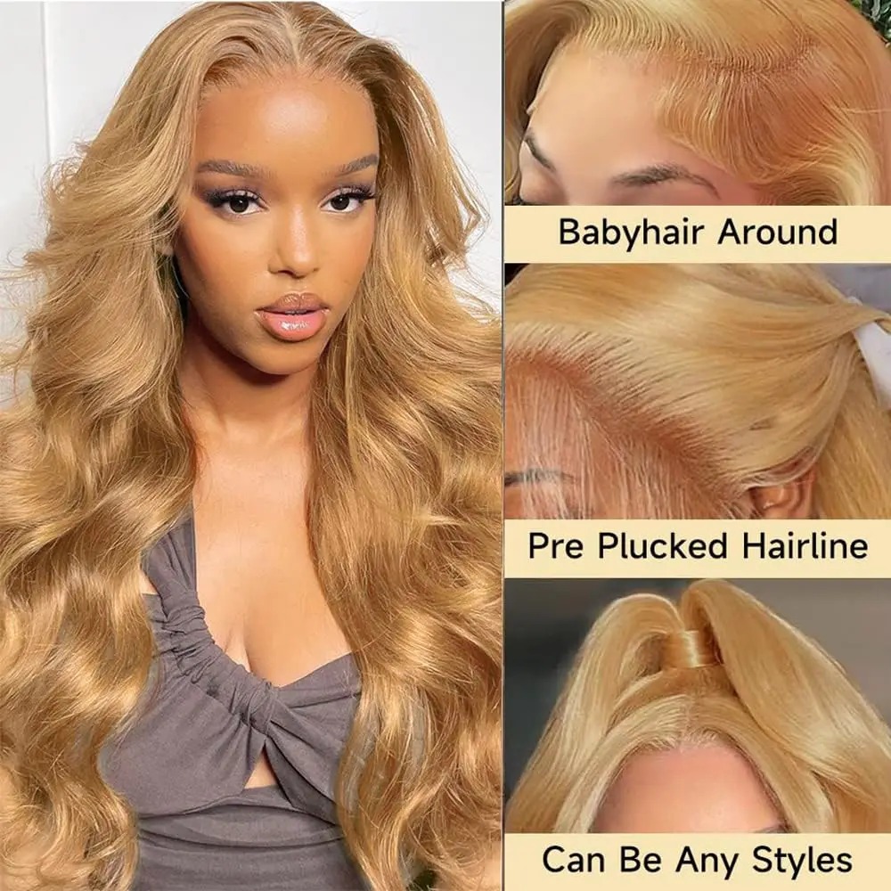Honey Blonde Colored Body Wave Human Hair Wigs 13x6 Hd Lace Frontal Wig Color 27 Pre Plucked Water Wave High Density 13x4 Transparent Lace Wigs for Wo