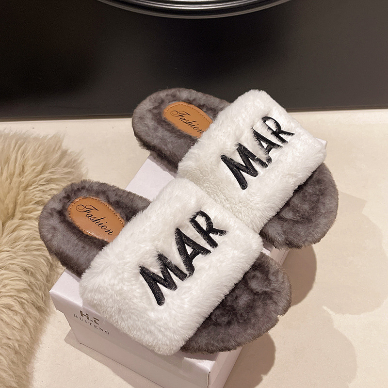 Women's fluffy slippers suitable for outdoor wear flat sole ins trendy shoes autumn and winter 2025 thick-soled cotton slippers spring and summer