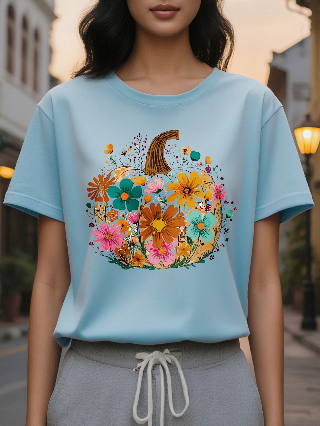 T Shirt Beige Background with Floral Pumpkin Soft Neck Casual Everyday Party Top for Autumn Year Round Wear