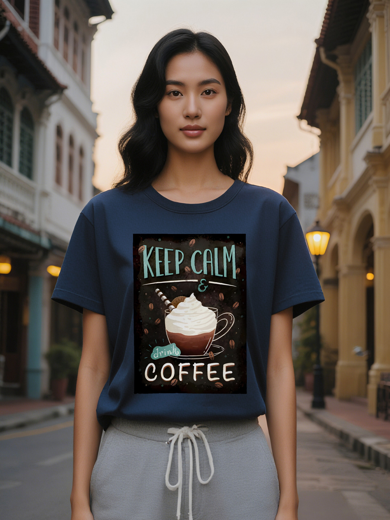 Lady Casual Graphic T-Shirt Keep Calm Drink Print with Beans Latte Art Black Round Neck Summer Tee Washable