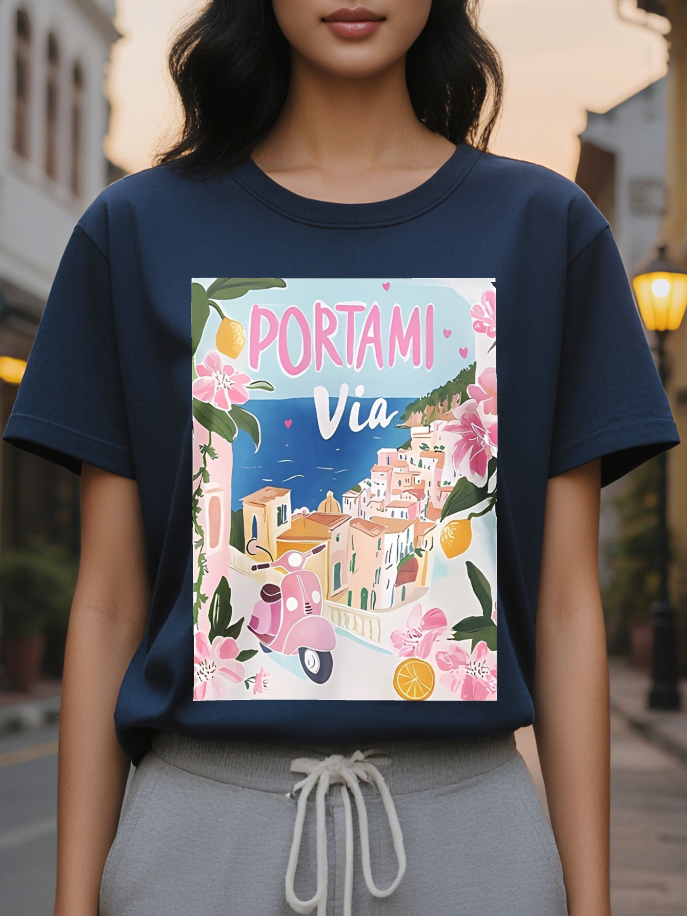 Large XL Women's Casual Short Sleeve T-Shirt Portofino Italy Graphic Print with Floral Pastel Buildings Soft Pink Round Plus Size