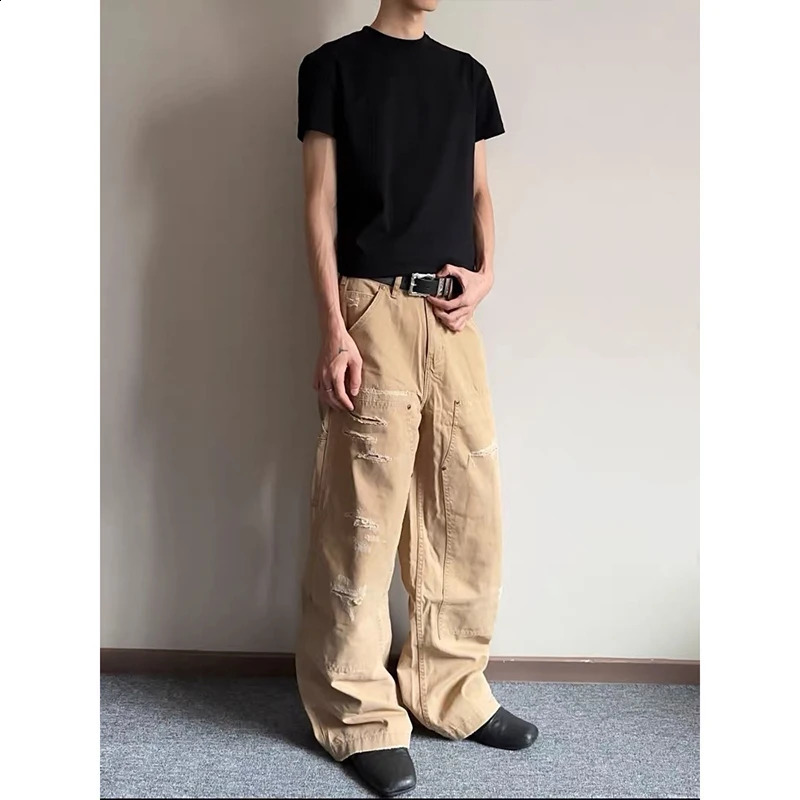 Khaki Mens Vintage Y2K 2000s Wide Leg Baggy Casual Denim Trouser High Waist Loose Jeans 2025 Autumn American Cargo Pants 250904