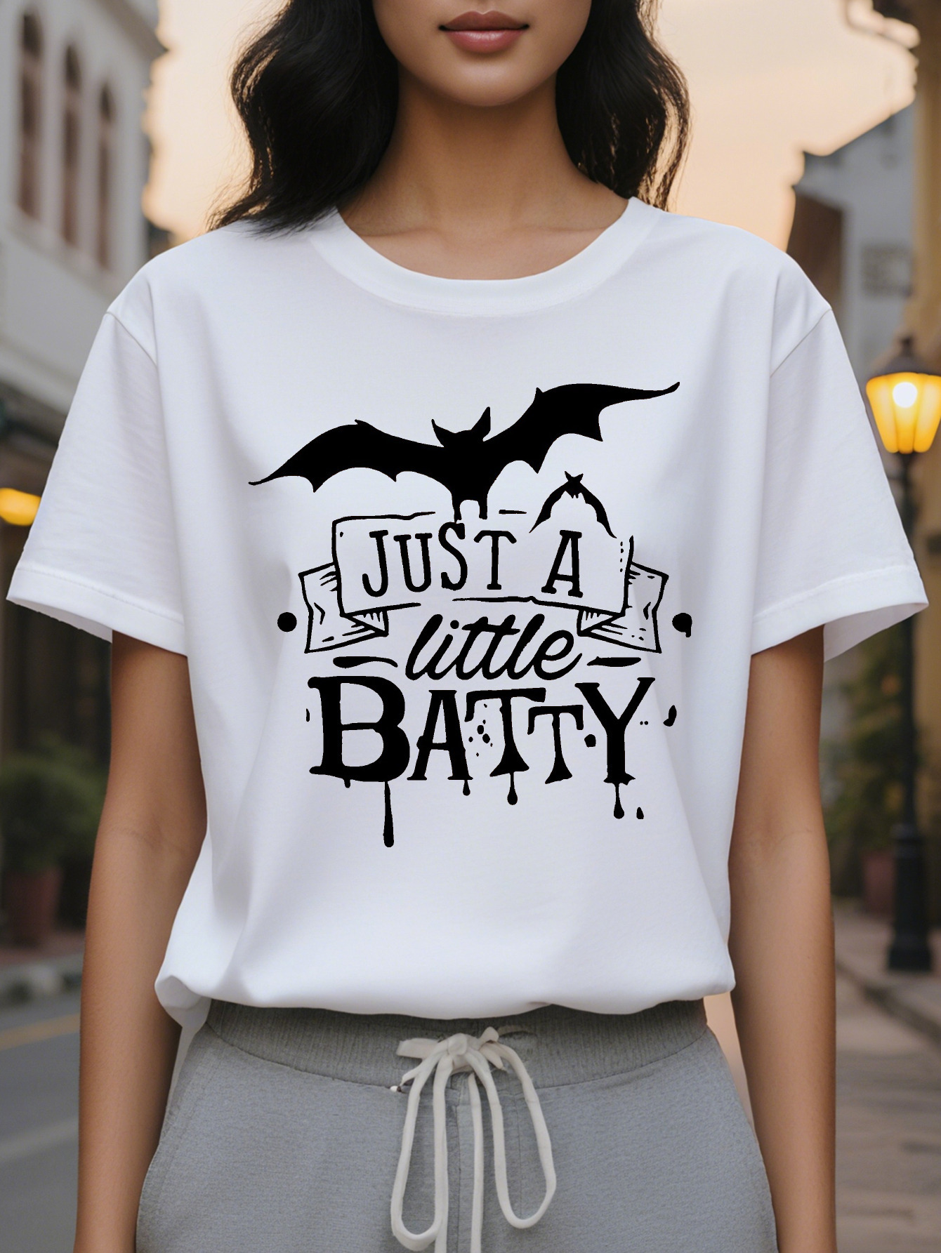 Women s Dark Gray Gothic Bat Graphic Tee JUST A LITTLE BATTY Vampire Saying Soft Everyday Halloween Party Shirt